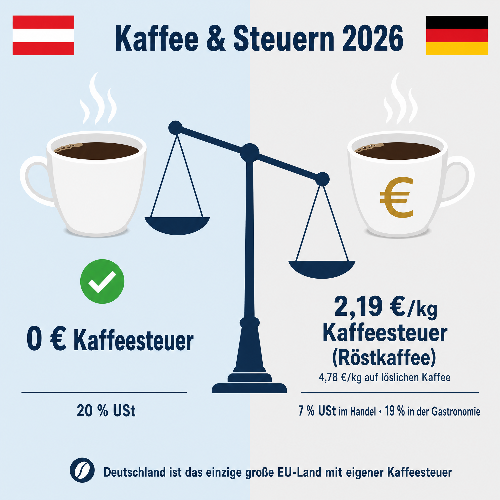 Kaffee und Steuern in Österreich 2026 - Kaffeesteuer, Umsatzsteuer und Bürokaffee-Absetzbarkeit im Überblick