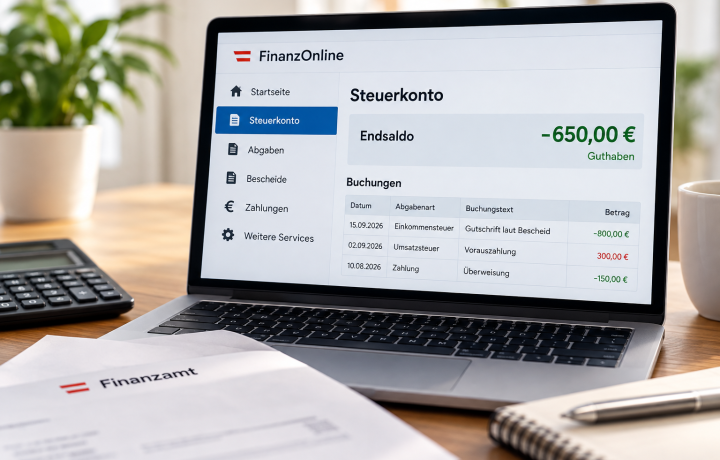 KI, SYMBOLBILD: FinanzOnline - Auszahlung , Guthaben oder Nachzahlung? - So liest du dein Steuerkonto ( wichtig - Angaben ohne Gewähr)