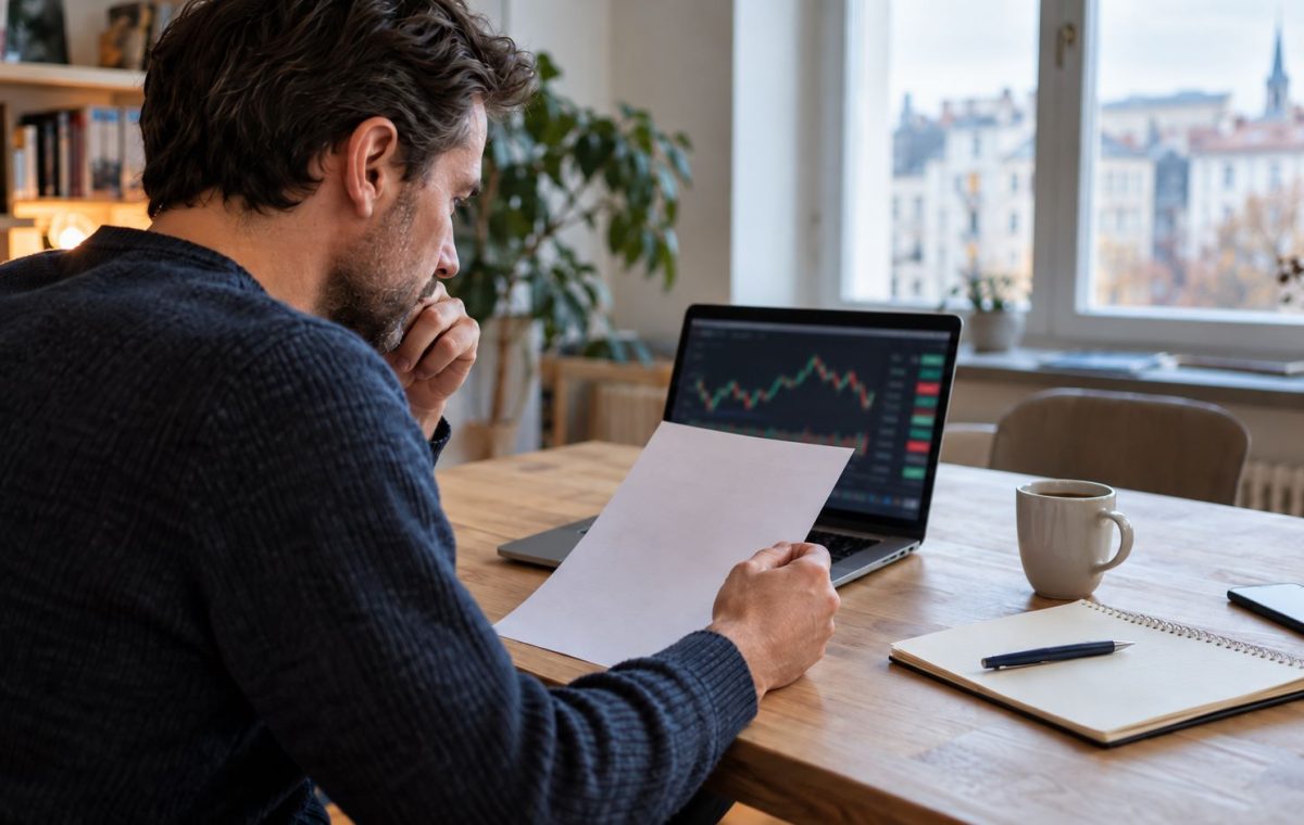 Privatanleger überprüft Aktien- und ETF-Positionen sowie Depotunterlagen an einem Laptop.